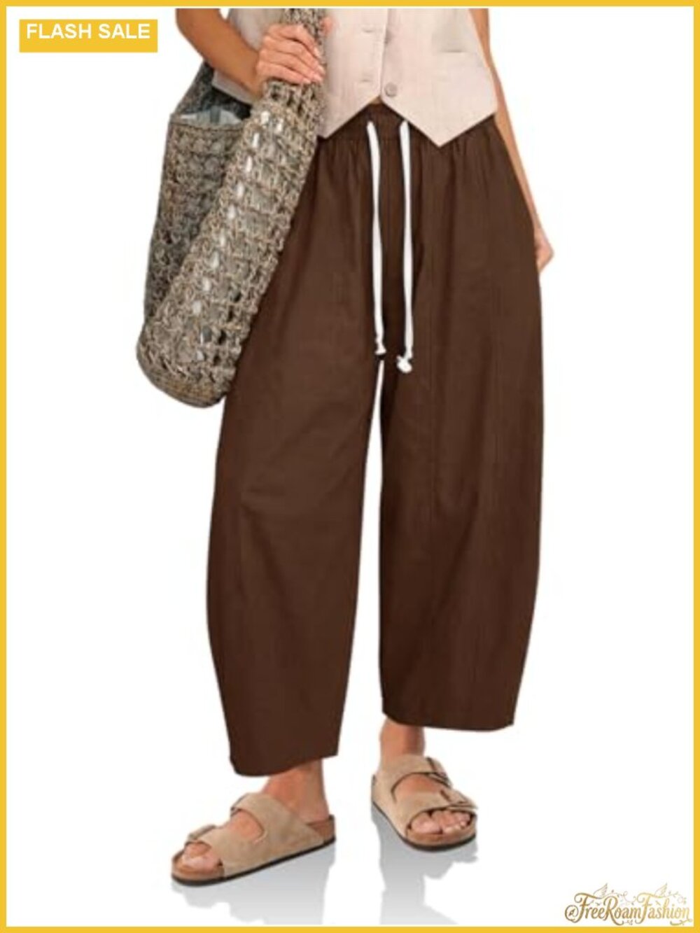 Women's High Waist Drawstring Cropped Pants Baggy Wide Leg Cotton